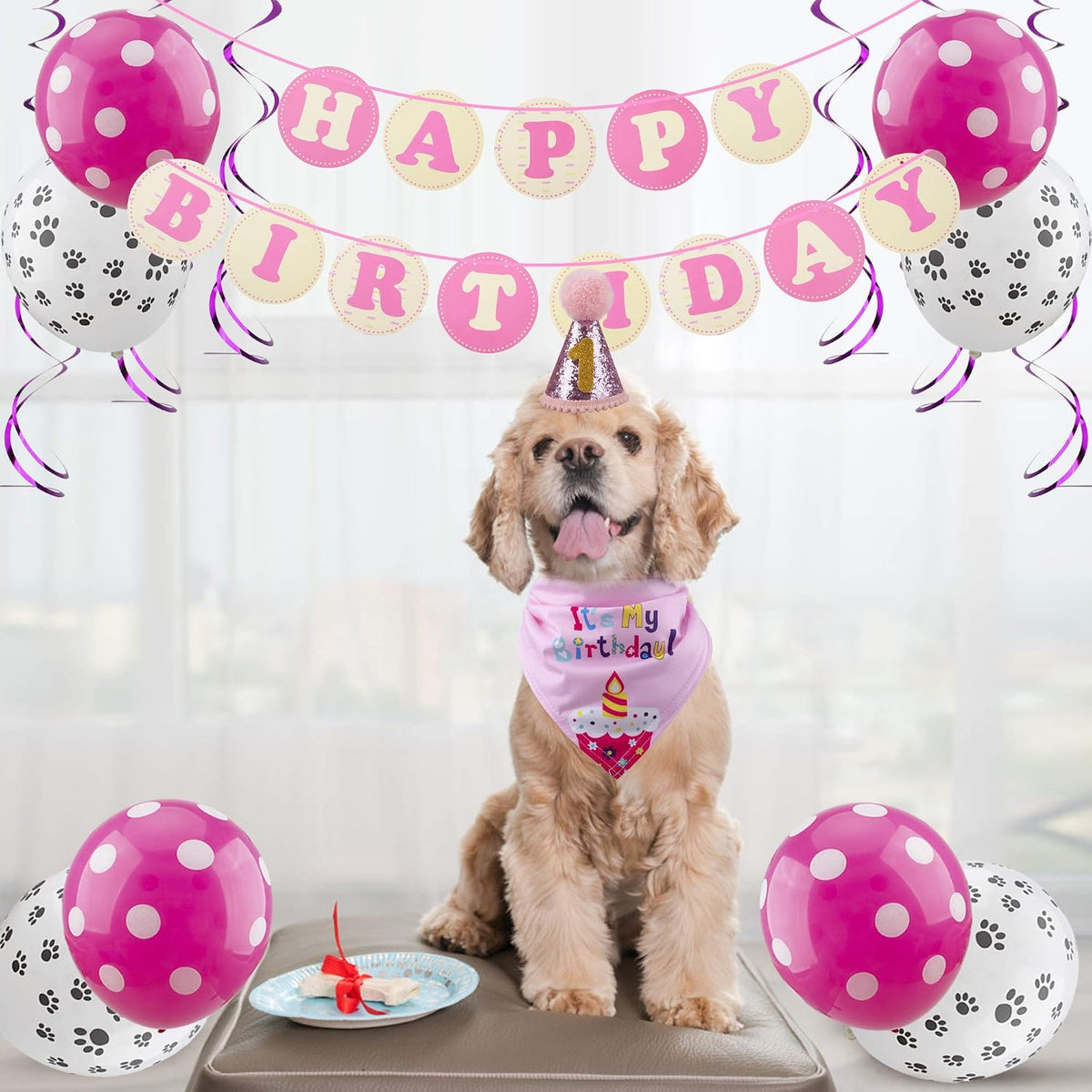 Dog Birthday Celebration Supplies Set: Bandana, Hat, Banner, and Bow Tie Scarf Decorations (Pink with Balloon)