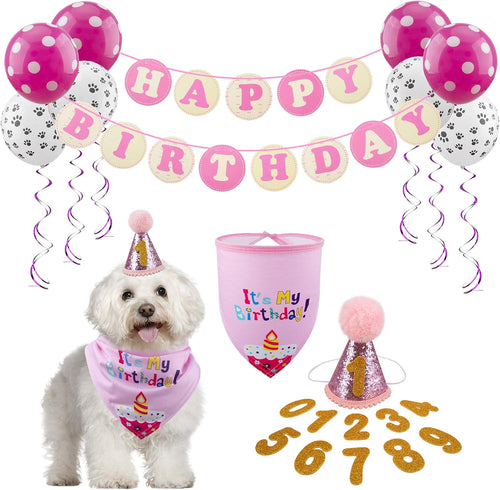 Dog Birthday Celebration Supplies Set: Bandana, Hat, Banner, and Bow Tie Scarf Decorations (Pink with Balloon)